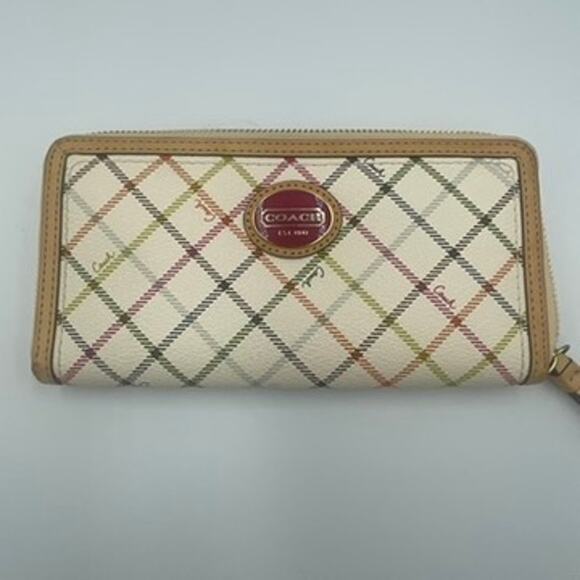 Coach Peyton Tattersall Plaid Zip Around Wallet Purse Clutch White Multi - Picture 1 of 8